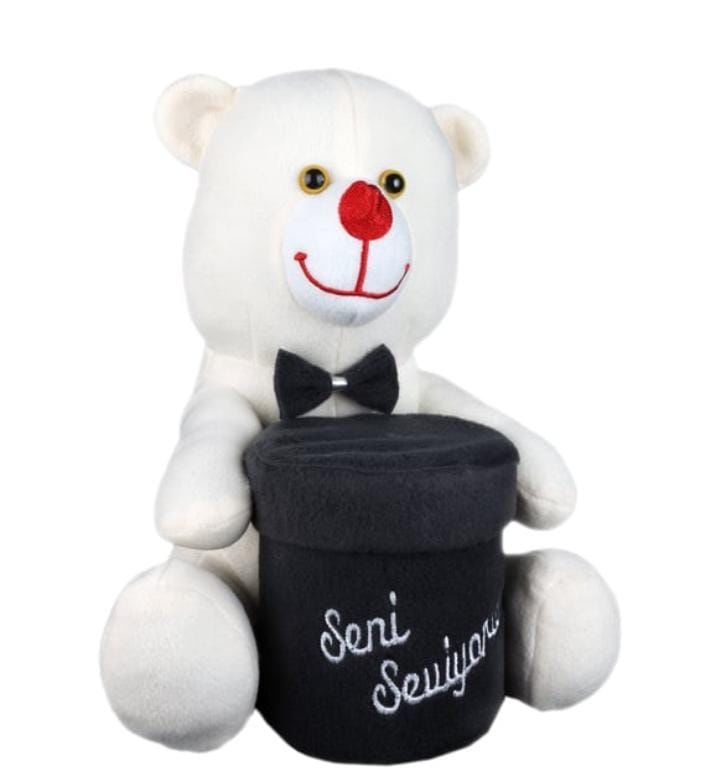 30 cm Siyah Kutulu Beyaz Peluş Ayı