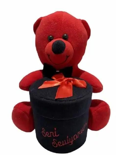 40 cm Siyah Kutulu Kırmızı Peluş Ayı