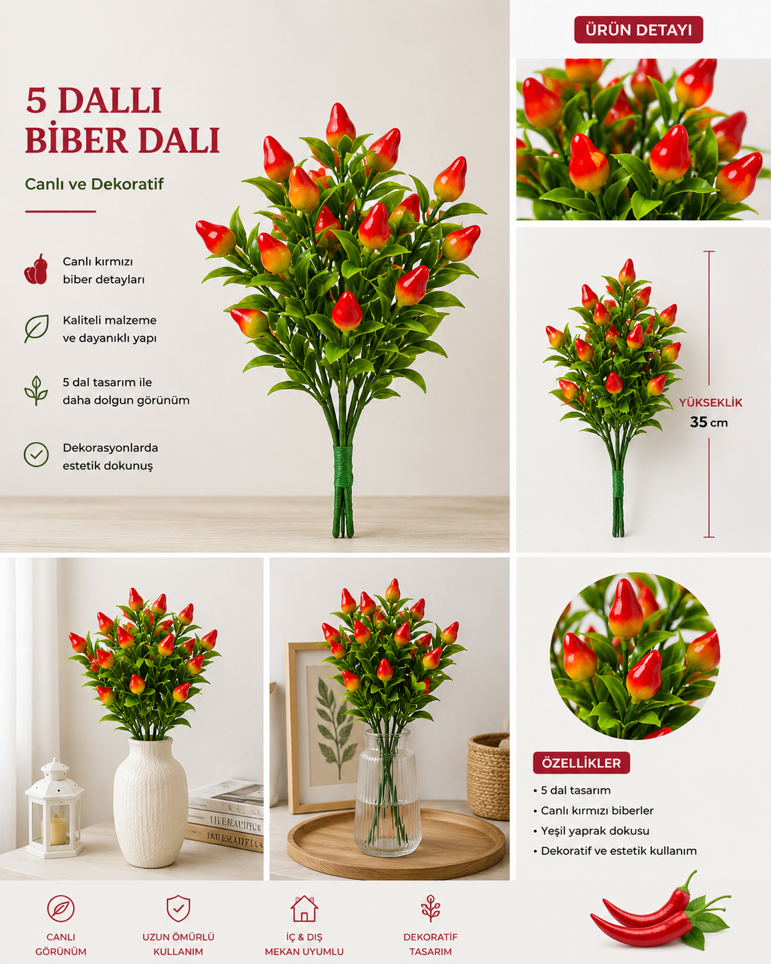 5 Dallı Yapay Süs Biberi Dalı