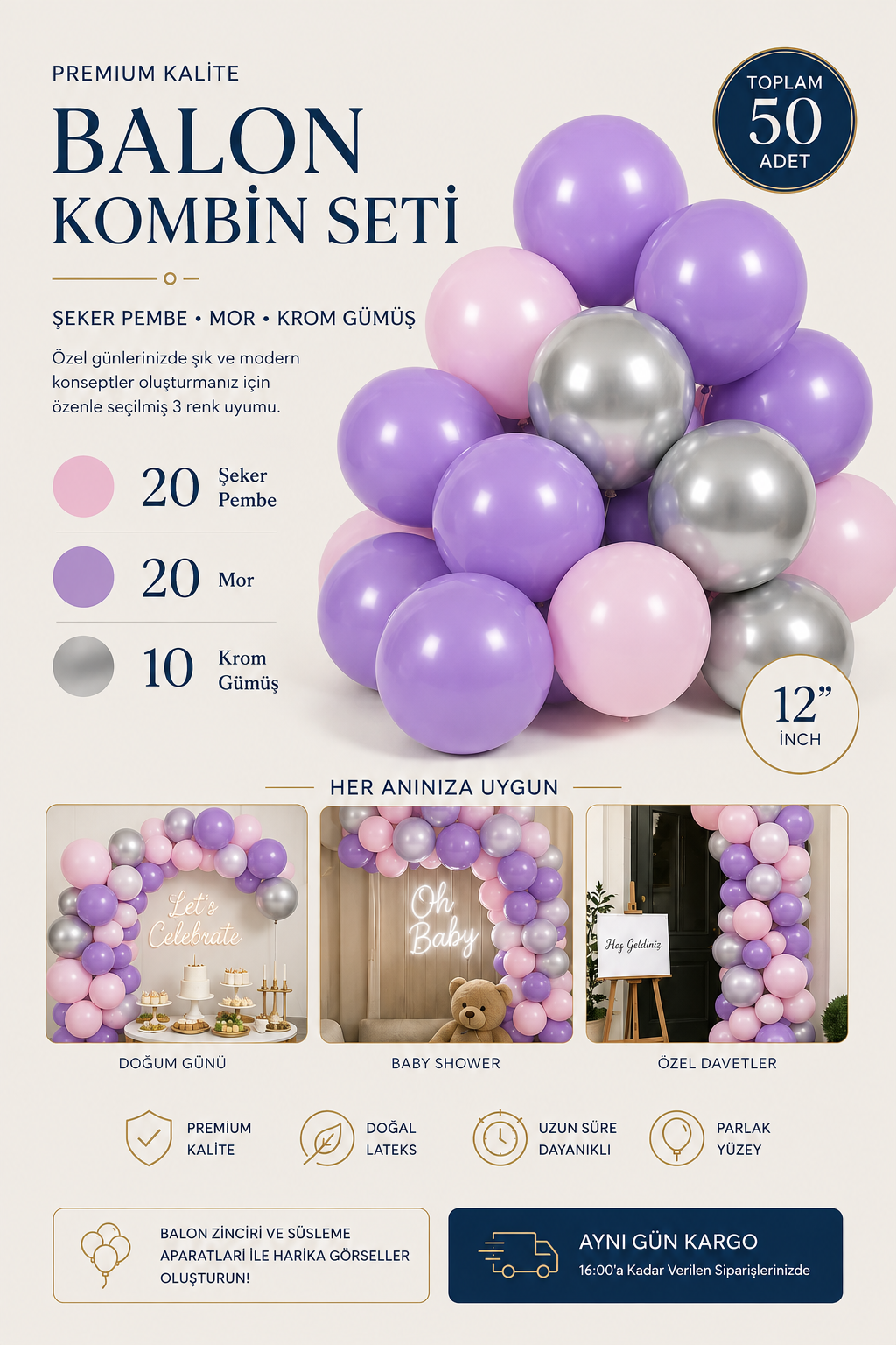 Lavanta Işıltısı Balon Kiti 50 Adet 12 Inch
