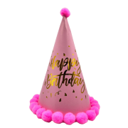 Ponponlu Şapka Makaron Parlak Happy Birthday Varak Baskılı Pembe