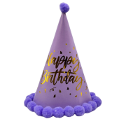 Ponponlu Şapka Makaron Parlak Happy Birthday Varak Baskılı Lila