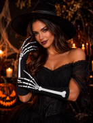 HALLOWEEN ELDİVEN SATEN İSKELET BASKLILI