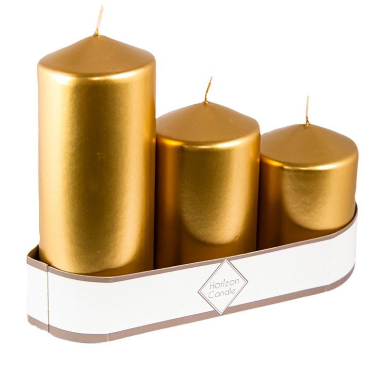 Silindir Mum 3'lü Set Varaklı Gold 7 8*10*14