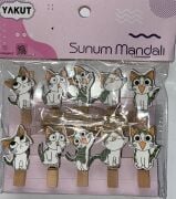 Ahşap Sunum Yeşil Kedi Mandalı 10 lu