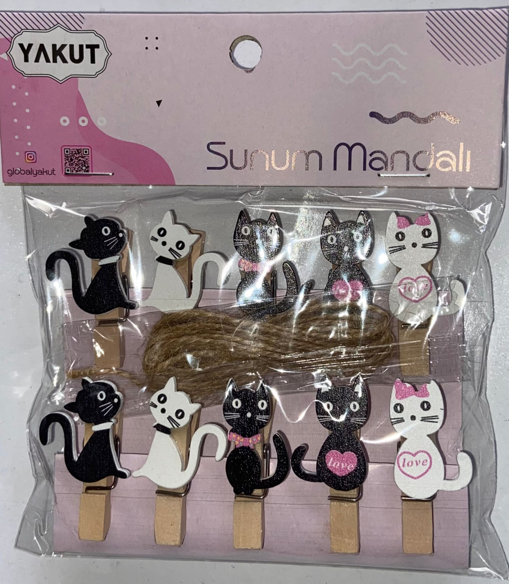 Ahşap Sunum Siyah Beyaz Kedi Mandalı 10 lu