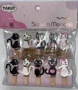 Ahşap Sunum Siyah Beyaz Kedi Mandalı 10 lu