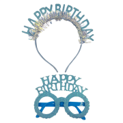 Happy Birthday Taç Gözlük Simli Mavi Set