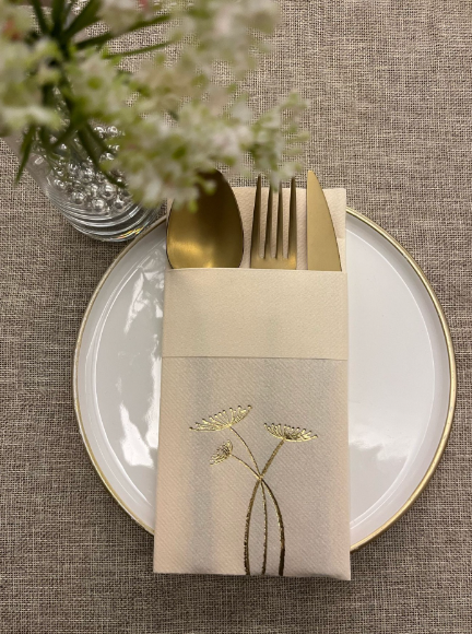 Havuç Çiçeği Desenli Kraft Gold 12'li Cepli Peçete