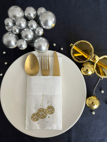 Disko Topu Desenli Gold Peçete 12'li Cepli Peçete