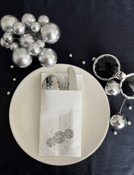 Disko Topu Desenli Gümüş 12'li Cepli Peçete