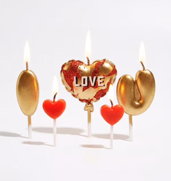 Kırmızı Gold Love Kalp Mum 5'li